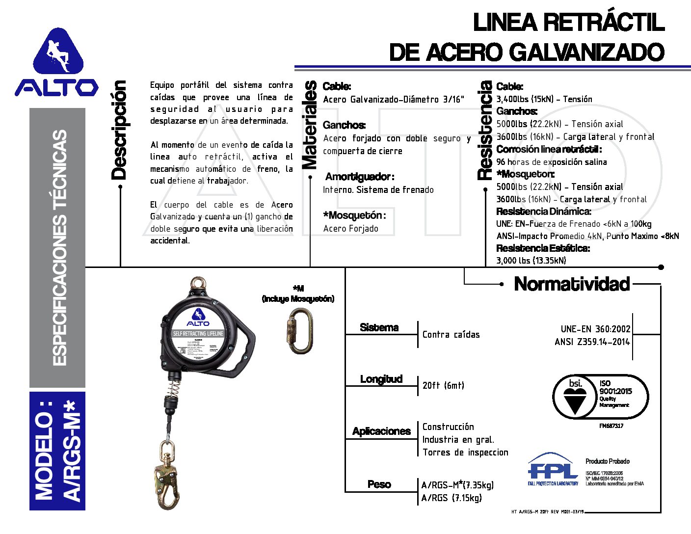 LÍNEA RETRÁCTIL DE ACERO GALVANIZADO A/RGS-M 20ft