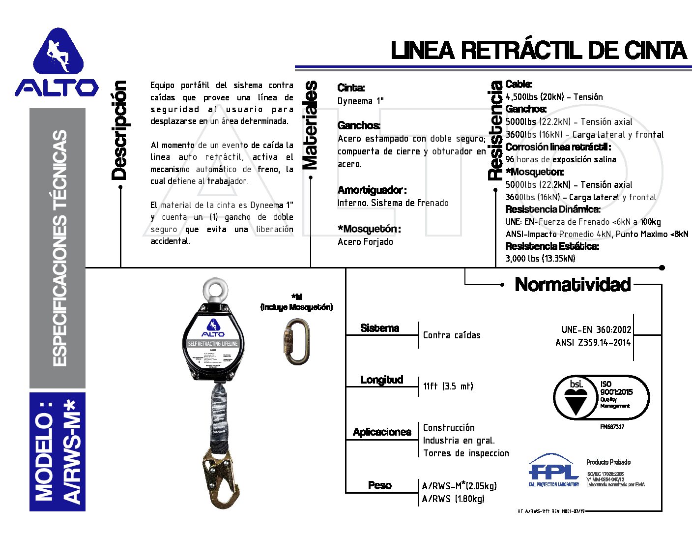 Línea de Vida Retráctil Cable de Nylon con Mosquetón A/RWS-M 10ft Gancho chico de Acero
