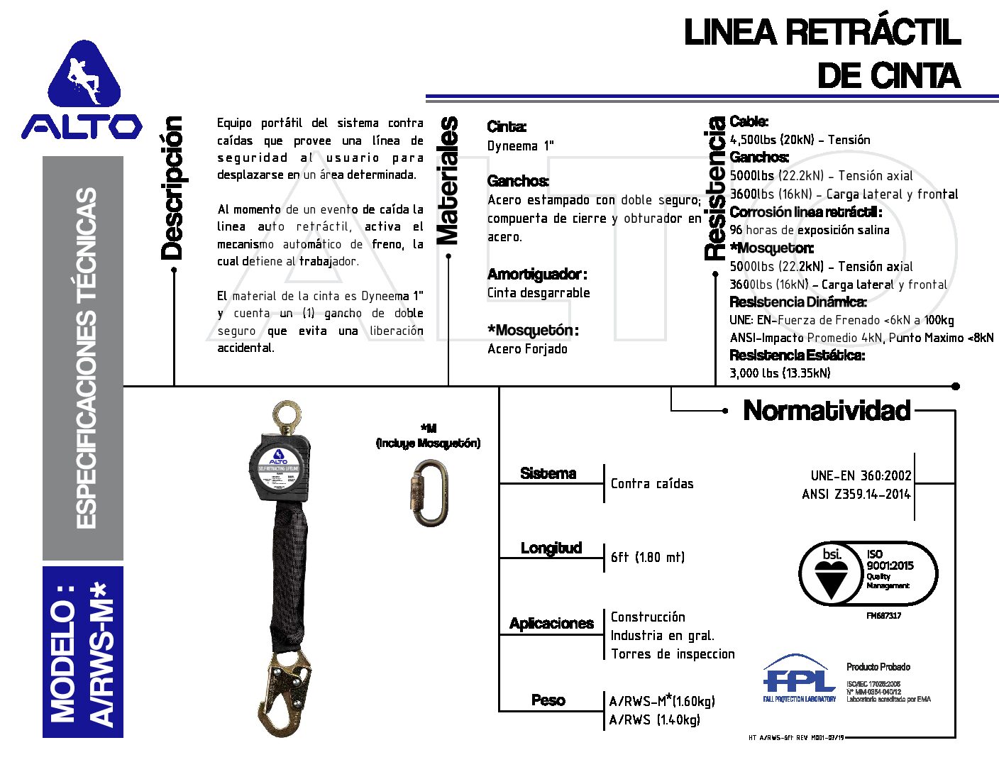 Línea de Vida Retráctil Cable de Nylon con Mosquetón A/RWS-M 6ft Gancho chico de Acero