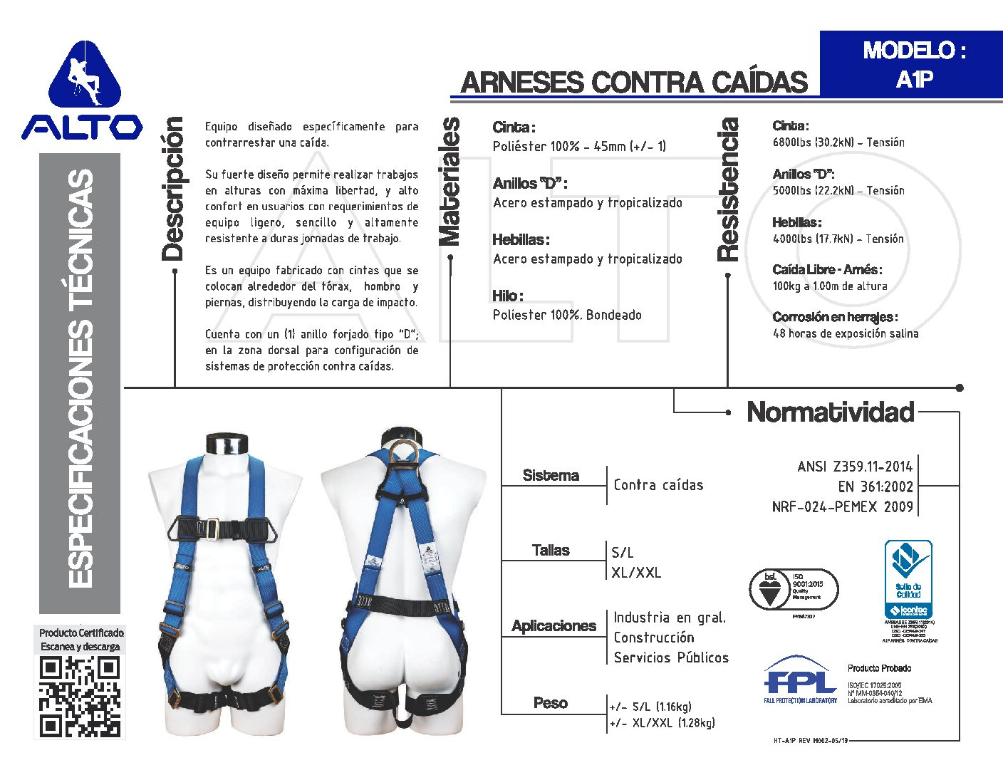 Arnés Cuerpo Completo 1 Argolla, 5 Puntos de Ajuste A1P-SL