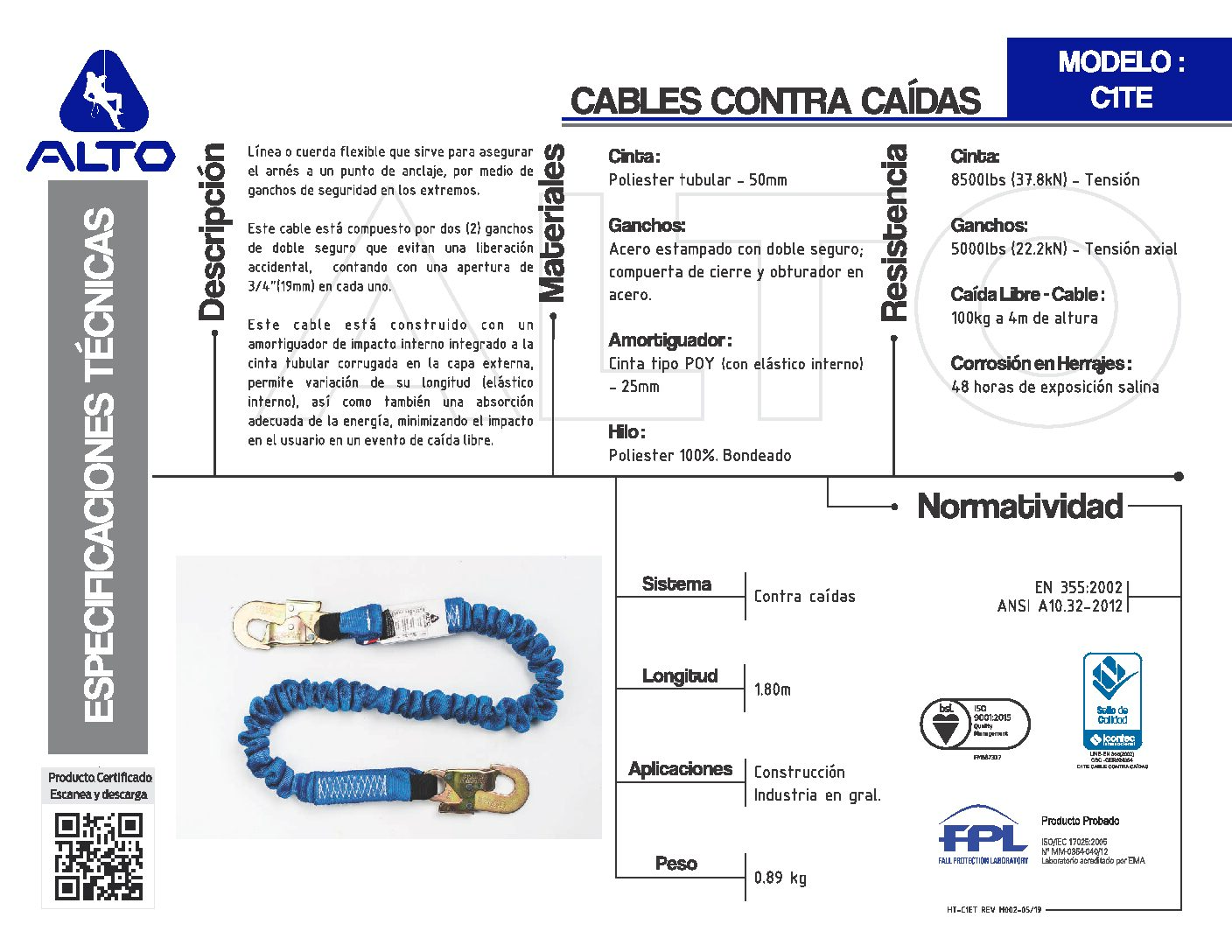 Cable de posicionamiento cuerda de poliéster de 1.5 m, ANSI, Elementos De  Posicionamiento, 10511